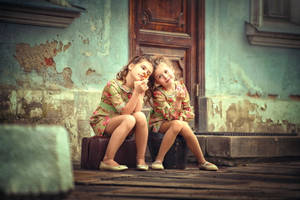 Sister Bonding Doorstep Old House Wallpaper