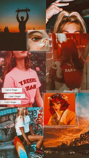 Skater Girl Aesthetic Orange Collage Art Wallpaper