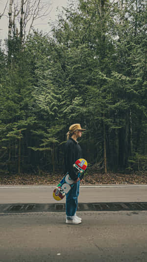 Skater Girl Aesthetic Standing By The Forest Wallpaper