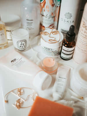 Skincare Products Aesthetic Display Wallpaper