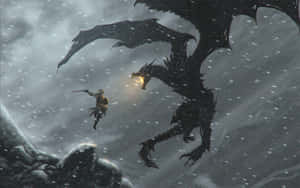 Skyrim Dragonborn Battling A Mighty Dragon Wallpaper