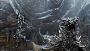 Skyrim Dragonborn - Mighty Hero Confronts The Dragon In A Surreal Landscape Wallpaper