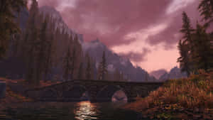 Skyrim Sunset Bridge Landscape Wallpaper