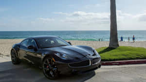 Sleek And Stylish Fisker Electric Vehicle On A Scenic Highway Wallpaper