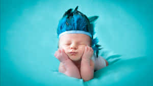 Sleeping Newborn With Blue Feather Headband Wallpaper