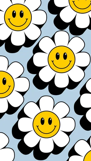 Smiley Daisy Pattern Blue Background Wallpaper
