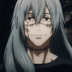 Smiling Anime Characterwith Blue Hairand Marked Face Wallpaper