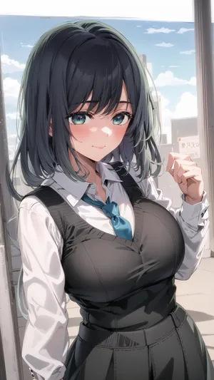 Smiling Anime Girl Sunlit Backdrop.jpg Wallpaper