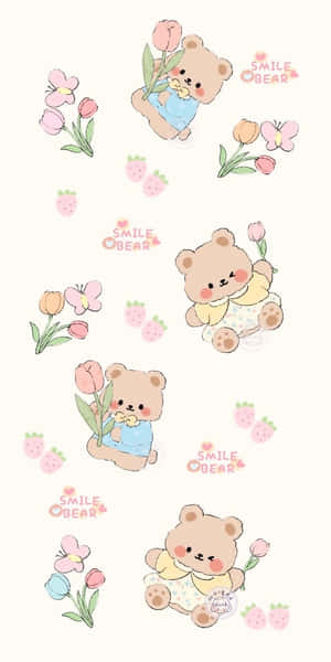 Smiling Bearsand Tulips Pattern Wallpaper