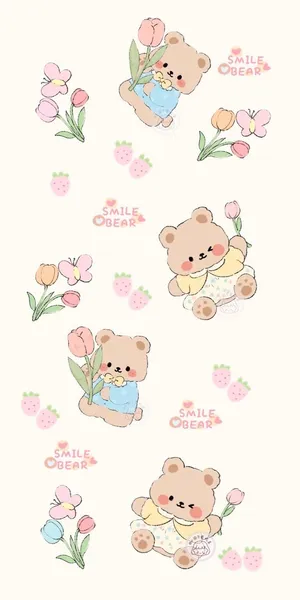 Smiling Bearsand Tulips Pattern Wallpaper