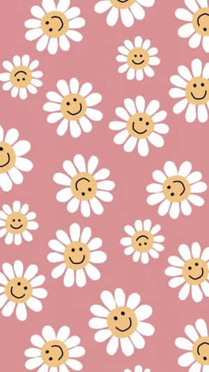 Smiling Daisies Pattern Pink Background Wallpaper