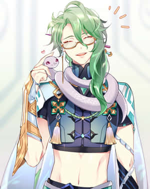 Smiling Green Haired Anime Characterwith Glassesand Snake Wallpaper
