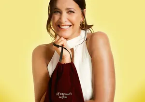 Smiling Woman Yellow Backdrop Self Care Message Wallpaper