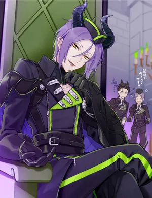 Smirking Purple Haired Anime Characterwith Horns Wallpaper