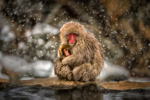 Snowy_ Embrace_ Macaque_ Mother_and_ Child Wallpaper