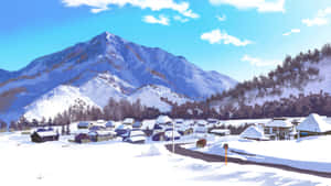 Snowy Mountain Village Scene Wallpaper
