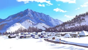 Snowy Mountain Village Scene Wallpaper