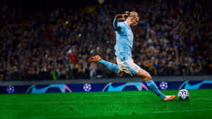 Soccer_ Player_ Striking_ Ball_ During_ Match.jpg Wallpaper