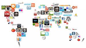 Social Media Icons On World Map Wallpaper