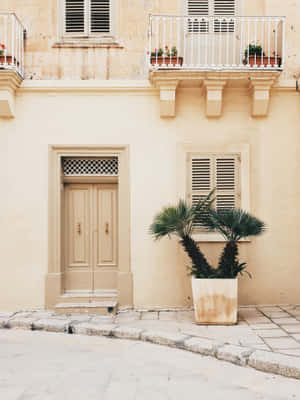 Soft Beige Facade With Greenery Wallpaper