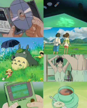Soft Green Anime Aesthetic Collage Wallpaper