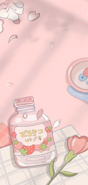 Soft Pink Aesthetic Bottleand Flowers Wallpaper