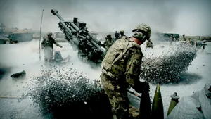 Soldiers Marching Through A Ruined City Post-world War Wallpaper