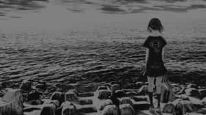 Solitary Anime Girl Seaside Monochrome Wallpaper