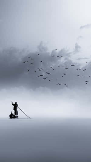 Solitary_ Boatman_ Under_ Gathering_ Birds.jpg Wallpaper