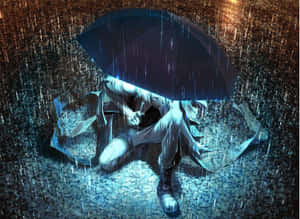 Solitary_ Figure_ Under_ Rainy_ Night_ Sky Wallpaper