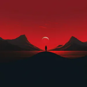 Solitary Figure Under Red Moon Wallpaper