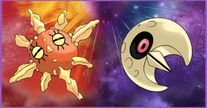 Solrock And Lunatone - Pokemon Battle In The Night Sky Wallpaper