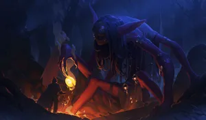 Sorcerer Confronting Giant Spider Entity Wallpaper