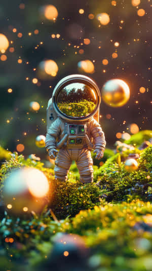 Space Astronaut In Futuristic Forest With Floating Spheres At Sunset Wallpaper