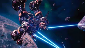 Space_ Battle_ Mech_ Firing_ Lasers Wallpaper