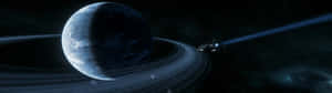 Spacecraft Orbiting Ringed Planet Super Ultra Wide Wallpaper