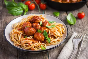 Spaghetti Meatballs Basil Tomatoes.jpg Wallpaper