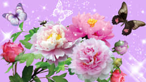 Sparkling Peony Gardenwith Butterflies Wallpaper