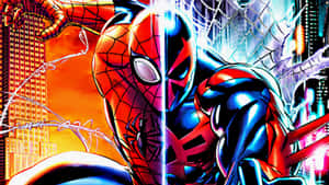 Spider-man 2099 In Action In A Futuristic Cityscape Wallpaper