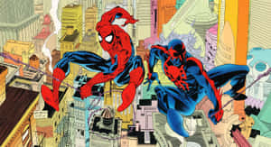 Spider-man 2099 In An Action-packed Scene, Swinging Through The Futuristic City Wallpaper