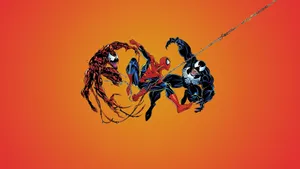 Spider - Man And Venom On An Orange Background Wallpaper