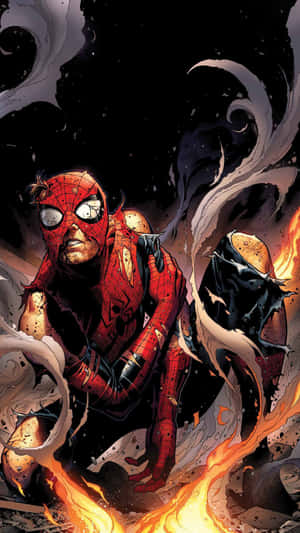 Spider - Man In A Red Suit With Flames Wallpaper