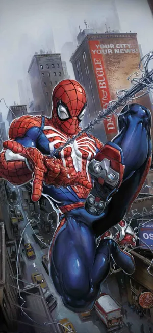 Spider Man Swinging Through City Wallpaper