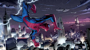 Spider Man Swinging Through N Y C Night Sky Wallpaper