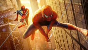 Spider Men Swinging Through City Wallpaper