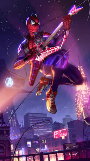 Spider Punk Rockingthe Cityscape Wallpaper