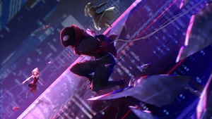 Spider Verse Heroes Swinging Action Wallpaper
