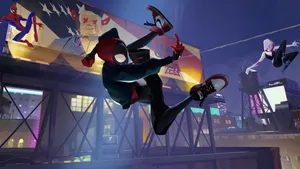 Spider Verse Miles Gwen Swinging Action Wallpaper