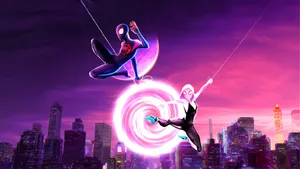 Spider Verse Milesand Gwen Swinging Wallpaper