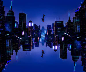 Spider Verse Spider Man Cityscape Reflection Wallpaper